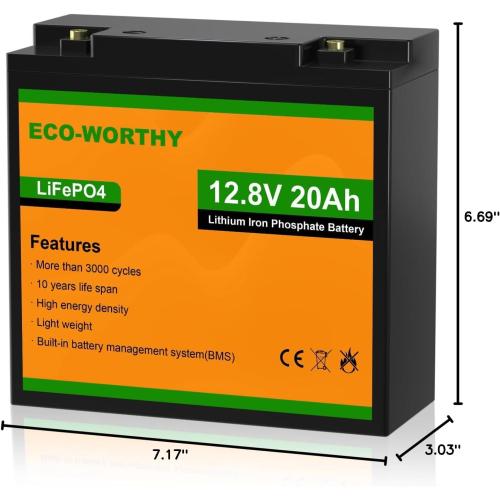 ECO-WORTHY 12V 20Ah Lithium Battery, 3000  Deep Cycle Rechargeable LiFePO4 Lithium Ion Phosphate Battery with BMS for Trolling Motor, Fish finder, Kids Scooters, Power Wheels, Outdoor Camping