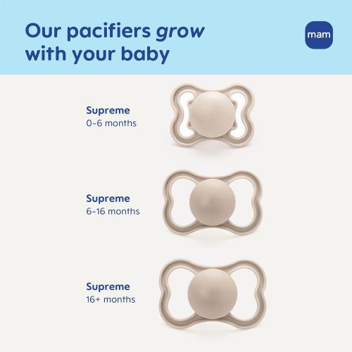MAM Supreme Baby Premium Pacifier, Newborns 16  Months, Developed with Orthodontists, Extra Air Flow for Sensitive Skin, Glows in The Dark, BPA-Free Silicone, Sterilizer Case, 2 Pack, Made in Europe