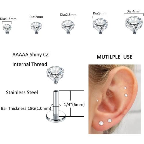 Xpircn 18G 16G Flat Back Stud Earrings 14K Gold Plated Internally Threaded CZ Stud Piercing Jewelry for Tragus Helix Cartilage Conch Nose Hypoallergenic Lip Labret Medusa Piercing