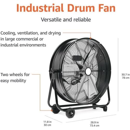 BLACK  24 215W High-Velocity, Heavy-Duty Industrial Fan, Drum Fan, with UL-Certified Safety Compliance, 2 Speeds, Up to 8820 CFM, 5.9-ft Power Cord, 2 Wheels, Metal Housing/Blades, Black
