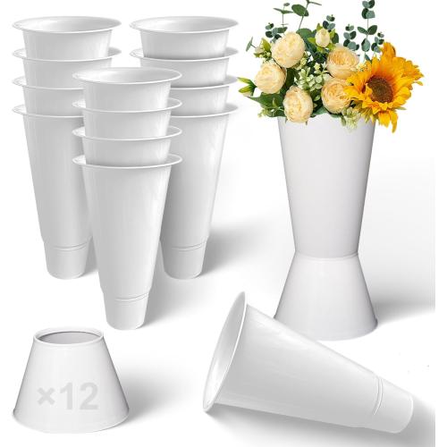12 Pack Plastic Flower Bucket, 15.5 Inch White Flower Buckets for Cut Flowers with Base, Multi-Purpose Plastic Vase for Flower Display Stand Florist Supplies, Home Wedding Decoration