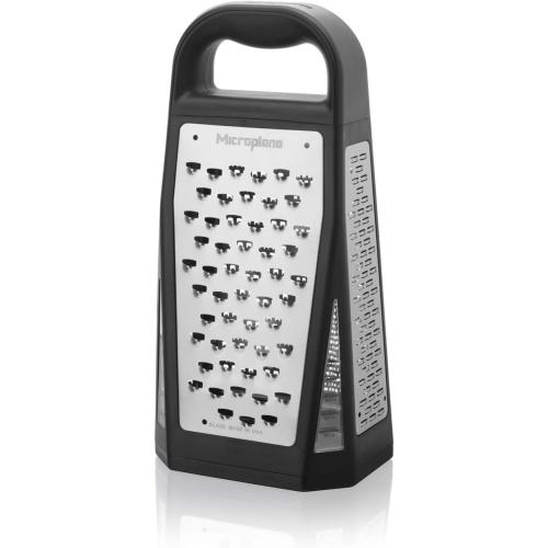 Microplane Elite Five Blade Box Grater with Measuring Cup Base, Five Grating Surfaces Including Fine, Coarse, Double-Sided Ribbon, Ultra-Coarse, and Slicer - Black