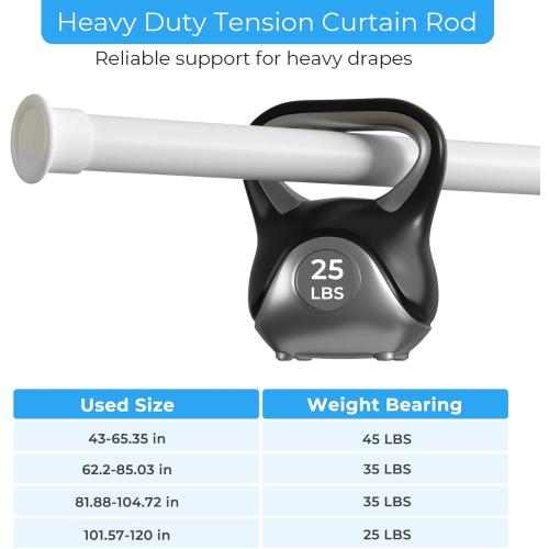 Tension Curtain Rod 64-120 Inches, Heavy Duty Tension Rod for Windows, No Drilling Adjustable Curtain Rod for Patio, Renter Friendly Pressure Curtain Rods for Room Divider, Outdoor, White