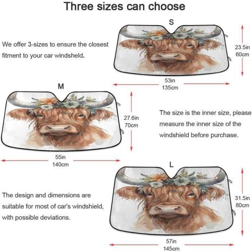 Cute Highland Cow Windshield Sun Shade Flodable for SUV Trucks Car Watercolor Universal Accordion Folding Auto Front Window Sunshade Visor Shield Cover Protector 55x27.6 in