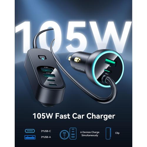 Rocoren 105W 6-Port Multiport Car Charger, PD Fast USB C Car Charger for Multiple Devices,Cigarette Lighter Adapter Car Travel Essentials for Road Trips with 5FT Cable,Car Accessories for iPhone 17/16