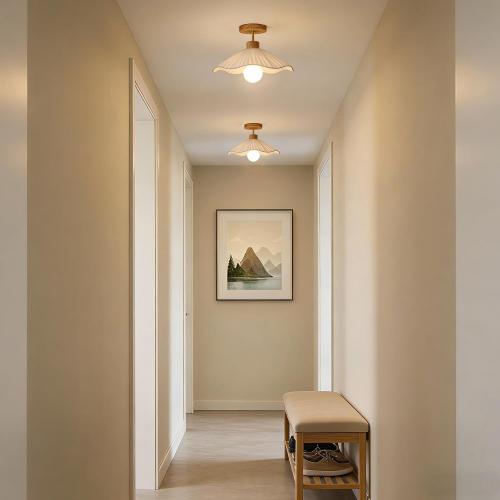 Flower Ceiling Light for Hallway,Semi Flush Mount Ceiling Light with Fabric Shade,Modern Ceiling Light Fixture with Wooden Base for Bedroom, Porch, Entryway(15.7 Inch)