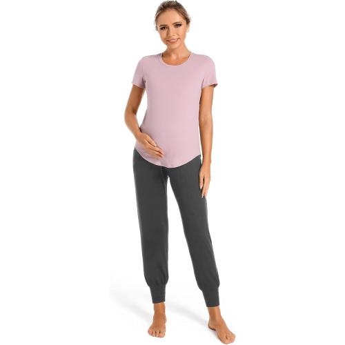 V VOCNI 2pk Women's Large Black and Gray Maternity Pants Maternity Activewear Jogger Track Cuff Sweatpants Over The Belly Stretchy Pregnancy Pants
