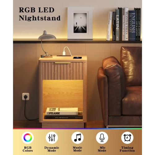 Akxomel Fluted Nightstands Set of 2, Wooden Night Stand with Charging Station and LED Light, Modern Mid Century Bed Side End Table with Drawer, 15 D x 15.7 W x 22.6 H, for Bedroom, Natural Oak