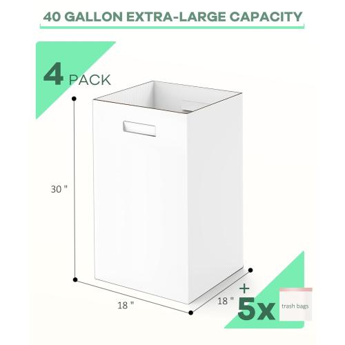 4 Pack Corrugated Cardboard Disposable Trash Cans for Parties, 40 Gallon Collapsible Garbage Cans with Handle, Thick Foldable Bins for Party Events Camping Beach(18 L x 18 W x 30 H), White