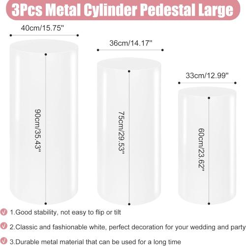 HAISIWLKJ 3PCS Cylinder Pedestal Stands for Parties, White Metal Round Cylinder Plinths Dessert Table Display Pillars for Birthday Wedding Bridal Baby Shower Party Decorations(Large)