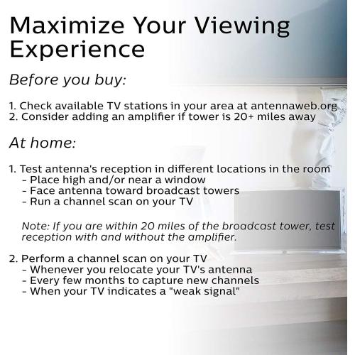 Philips Crystal Amplified Indoor TV Antenna, Extendable Dipole Rabbit Ears, 4K 1080P VHF UHF, Long Range, Amplifier Signal Booster, Digital HDTV Antenna, Smart TV Compatible, SDV3237N/27