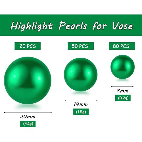 150Pcs Green Polished No Hole Faux Pearl Beads for Vase Filling Decorations, Plastic Pearls Vase Fillers, Table Scatters, Wedding Centerpiece, Home Decor, 8/14/20 mm