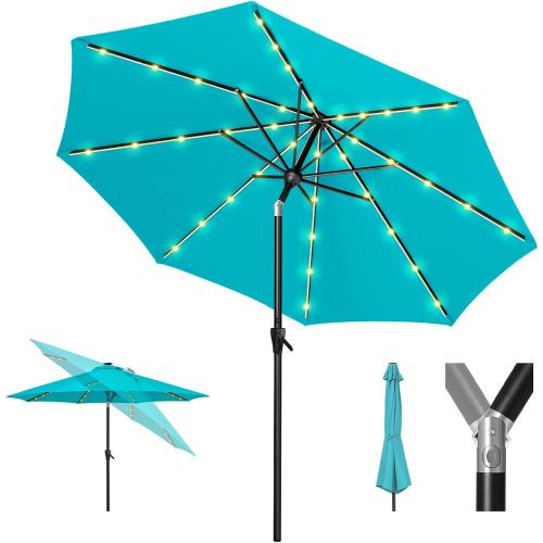Tempera Teal Solar Patio Umbrella 40 LED Lighted Outdoor Umbrella Table Market Umbrella with Push Button Tilt and Crank, Solar Umbrella with Sturdy Pole&Fade Resistant Canopy, Easy to Set