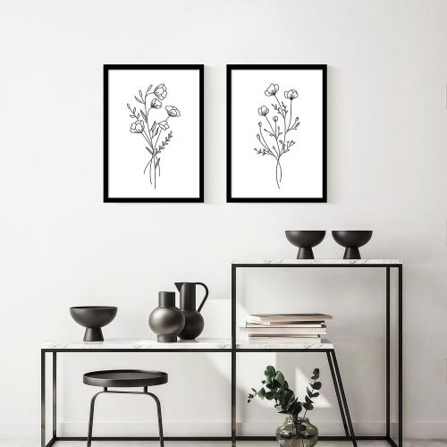 Framed Set of Two Canvas Wall Art Simple Botanical Line Print Black and White Floral Poster Modern Gallery Print for Living Room or Bedroom Wall Decor 12x16 Inch