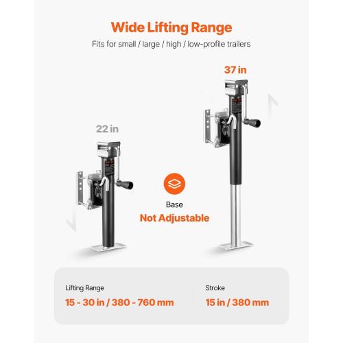 VEVOR Trailer Jack, 2500 lbs Dynamic Load Capacity, Heavy Duty Swivel Bolt-on Trailer Jack with Ergonomic Handle, 15-inch Vertical Travel, Suitable for RV, Horse, Utility, Camping and Yacht Trailers