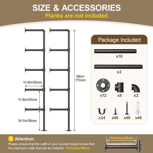 Industrial Iron Pipe Shelving Wall-Mount(No Plank): 5-Tier DIY Open Bookshelf - Iron Pipe Storage Shelves