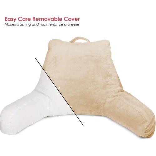 Clara Clark Reading Pillow, Back Rest Pillow for Sitting in Bed with Arms for Kids & Adults - Premium Shredded Memory Foam TV Sit Up Pillow - Medium, Cream