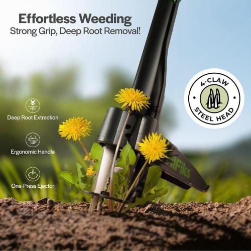 Weed Puller Tool with Long Adjustable Handle (36, 40, & 45), Quick-Release Weed Ejector Mechanism, Lightweight Aluminum Stand-Up Heavy Duty Weed Remover, 4-Claw Head & Foot Pedal for Easy Weeding