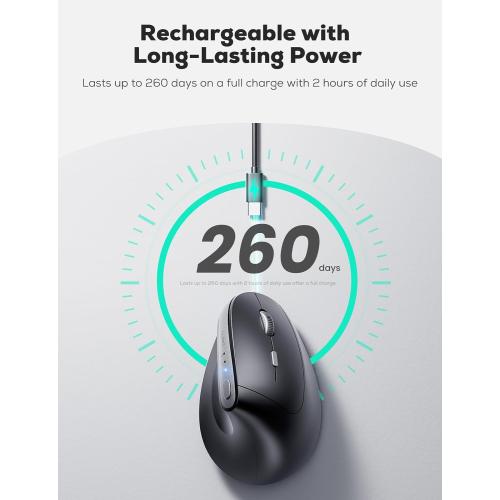 Nulea MD280 Ergonomic Vertical Wireless Mouse - Bluetooth & 2.4G Dual Mode, 4 Adjustable DPI 800/1200/1600/2400, Rechargeable, Silent Clicks, No Lag, 6 Buttons - Perfect for Laptop, Desktop Black