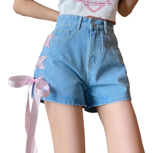 Size M...Y2K Clothes Casual High Waisted Wide Leg A-Line Vintage Pink Ribbon Trim Denim Shorts for Women