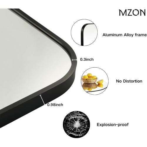 MZON 24x36 Inch Matte Black Bathroom Mirror, Rounded Rectangle Mirror for Living Room or Bathroom, Anti-Rust Frame & Tempered Glass, Horizontal/Vertical Mount - Luxe & Modern Home Decor