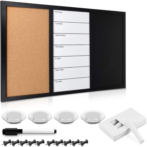Navaris Combination Board Cork/Whiteboard/Chalkboard - 24 x 36 inches Combo Bulletin Magnetic Dry Erase Chalk Board Weekly Planner Message Organizer