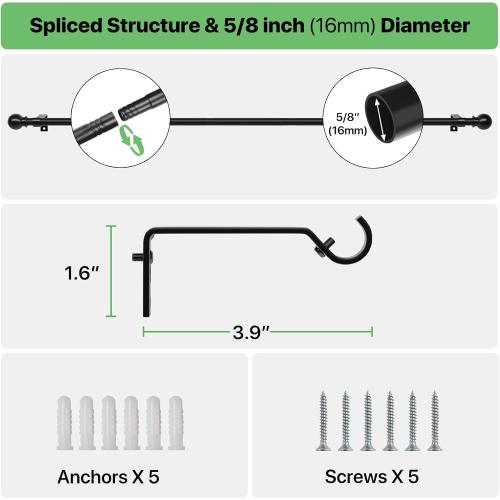 2 Pack 28-48 inch Black Metal Wall Mounted Curtain Rod Set with Brackets, 5/8 Adjustable Small Curtain Rods for Bedroom, Kitchen, Living Room, Grommet Curtains