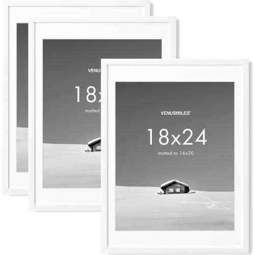 18x24 inch Picture Frame, 18x24 Photo Frames with 16x20 Removable Mat - High Definition Plexiglass - Vertical and Horizontal Display - Wall Hanging Poster Frame - White, 3 Pack