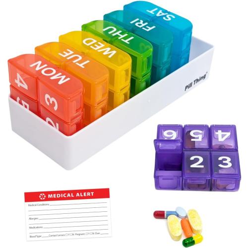 6 Times a Day, 7 Day Large Weekly Pill Organizer with Holder Tray, Vitamin, Medicine Box, Multicolor (6X a Day - 1 Pack)