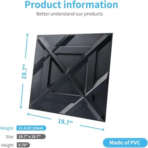 Art3d PVC 3D Wall Panel, Decorative Wall Tile in Black 12-Pack 19.7x19.7