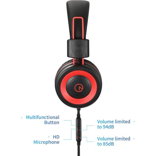 noot products Kids Headphones with Microphone K12 Stereo 5ft Long Cord with 85dB/94dB Volume Limit Wired On-Ear Headset for iPad/Amazon Kindle,Fire/Toddler/Boys/Girls/School (Red Black)