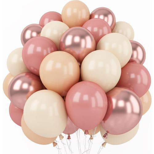 Retro Blush Pink Balloons, 60 Packs 12 Inch Dusty Pink Metallic Chrome Rose Gold White Sand Nude Balloons for Pumpkin Baby Shower Girls Women Boho Birthday Bridal Wedding Mothers Day Decorations