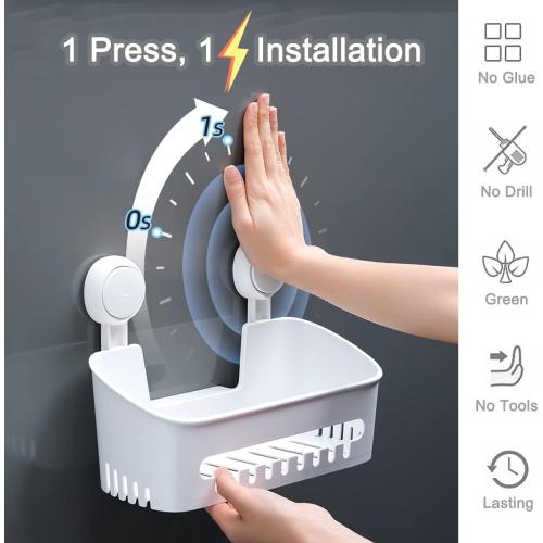 Plastic Shower Caddy Suction Cup Shower Organizer Basket Bath Shelf, Strong Suction Power Bathroom Caddies with Fence Hooks, Kitchen Rack, Waterproof, Oilproof, Reusable, for Shampoo, Gel