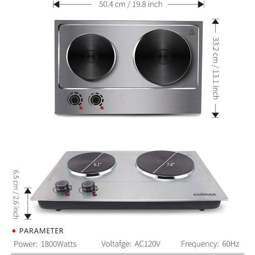 CUSIMAX 1800W Double Hot Plate, Stainless Steel Silver Countertop Burner Portable Electric Double Burners Electric Cast Iron Hot Plates Cooktop, Easy to Clean, Upgraded Version C180N
