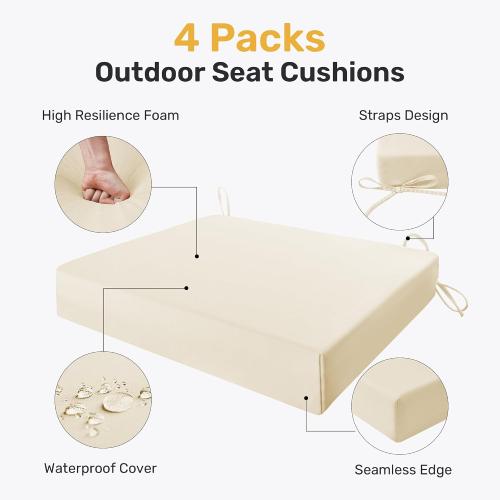 UNIKOME Outdoor Chair Cushions Pack of 4, Water Resistant Patio Cushions with Ties, High Density Sponge Filling Square Corner Seat Cushions for Outdoor Furniture, 18.5*16*3, Beige