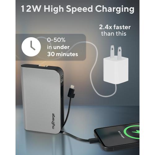 myCharge Portable Charger with Wall Plug – 10050mAh Fast Charger – Power Bank for iPhone, Samsung, Android & More - External Battery Pack Portable Charger with Built-in Cables (Lightning   USB-C), pack of 1