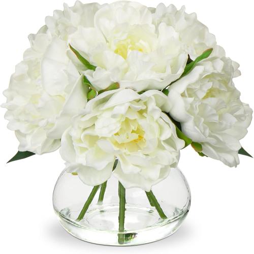 Hollyone Fake Flowers White Peonies Artificial Flowers Faux Flowers with Vase Peony Silk Flower Arrangements in Glass Vase with Faux Water for Home Decor Bathroom Table Centerpiece Shelf Decorations