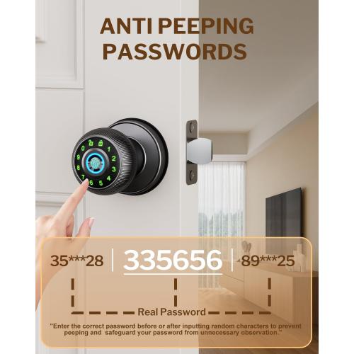 Fingerprint Door Lock - Smart Door Knob with Passcode Keypad, Finger Print Biometric Door Knobs & App Control, Keyless Smart Door Lock for Apartment Bedroom Hotel Office (Black)