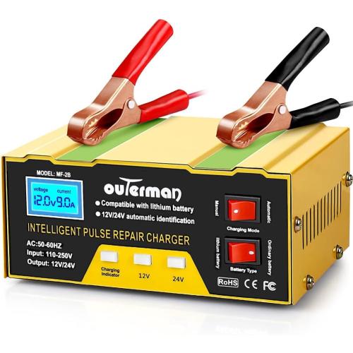 Outerman Car Battery Charger 12V 24V Lithium Battery Charger, Auto Battery Charger Maintainer for Car Boat Motorcycle Lawn Mower Lead Acid Battery or Lithium Battery Capacity: 6AH~105AH