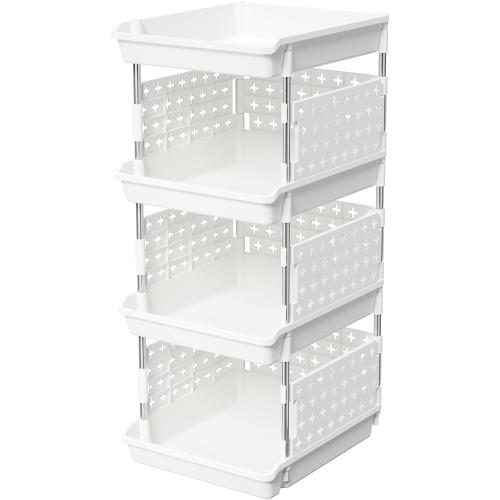 Lifewit Plastic Stackable Storage Baskets, 4 Tier Stacking Bins for Food and Clothes, Multifunctional Organizer for RV, Kitchen, Playroom, Pantry and Bathroom, 13.8D x 11.8W x 28.3H, 1 Pack, White