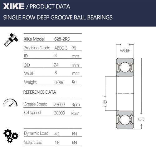 XiKe 628-2RS Double Rubber Seal Bearings 8x24x8mm, Pre-Lubricated and Stable Performance and Cost Effective, Deep Groove Ball Bearings(4 Pack).