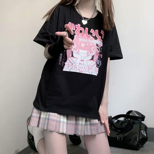 Size 2XL Pastel Goth Japanese Fashion Kawaii Clothes Soft Cotton Comic Print Girl's World T-Shirt