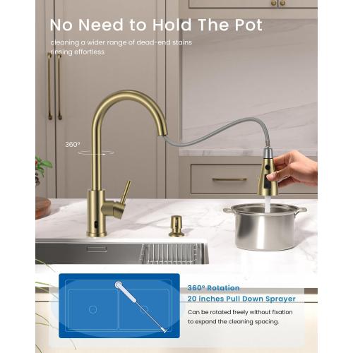APPASO Touchless Kitchen Faucets Gold, Brushed Gold Kitchen Faucet Touchless, Touchless Kitchen Faucet with Pull-Down Sprayer and Soap Dispenser, Stainless Hands Free Faucet for Kitchen Sink 2-4 Hole