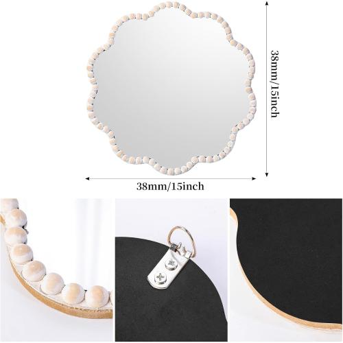 Small Boho Beaded Flower Mirror for Wall Decor, Cute Decorative Hanging Wooden Circle Nursery Mirrors for Girl Room, Bedroom, Livingroom