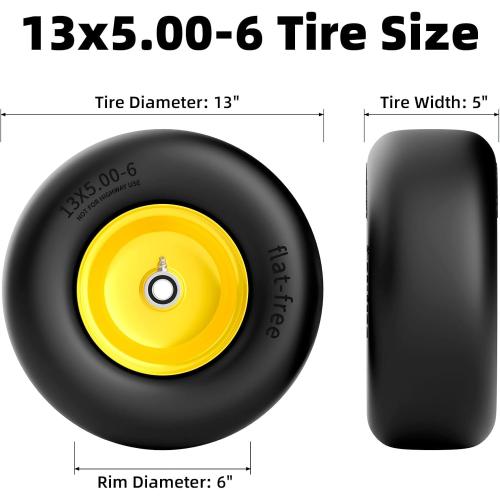 Size 13x5.00-6 Flat Free Lawn Mower Tire and Wheel, 13x5x6 Solid Front Tires for Zero Turn Mower, 500Lbs Load, 3/4 & 5/8 Bearing, 4.2-6.2 Hub for Residential Commercial Lawn, 2Pcs Yellow