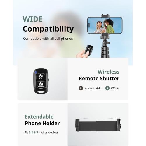 SENSYNE 62 Phone Tripod & Selfie Stick, Extendable Cell Phone Tripod Stand with Wireless Remote and Phone Holder, Compatible with iPhone Android Phone, Camera