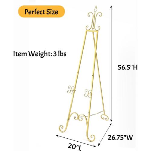 20L x 26.75W x 56.5H Large Easel Stand for Display, Adjustable Heigh Metal Gold Easel Stand with Chain Support, Heavy Duty Easel for Mirror, Sign, Wedding, Picture Frame. (No Installation Required)