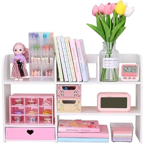 Cute Bookshelves Cute Bookshelf for Desk Kawaii Desk Organizer with Drawer Office Desk Organizers and Accessories Storage Home Decor Display (Pink)