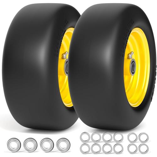 Black and Yellow 11x4.00-5 Lawn Mower Tires Flat Free, Zero Turn Mower Front Tires, 11x4-5 Solid Mower Wheel for Residential and Commercial, 3/4 and 5/8 Bearing, 3.4-5 Center Hub, 2Pack Yellow, 350Lbs