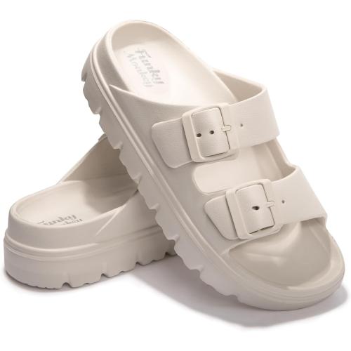 FUNKYMONKEY Women's 6 Cream Comfort Slides Double Buckle Adjustable Plastics Flat Sandals
